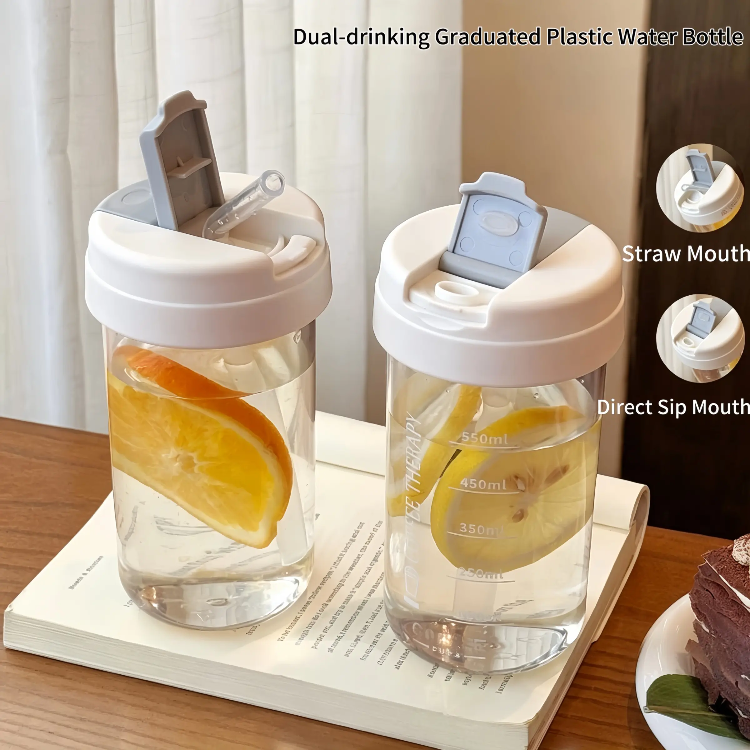18.6oz Creative Dual Drink Plastic Cup, Measuring Water Cup, Straw Cup, Portable On-The-Go Cup, Includes Sponge Cup Brush