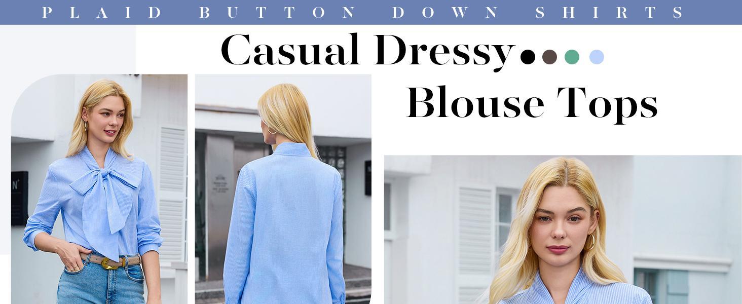 Imily Bela Womens Plaid Shirts Bow Tied Neck Button Down Long Sleeve Casual Dressy Blouse Tops Womenswear Chic