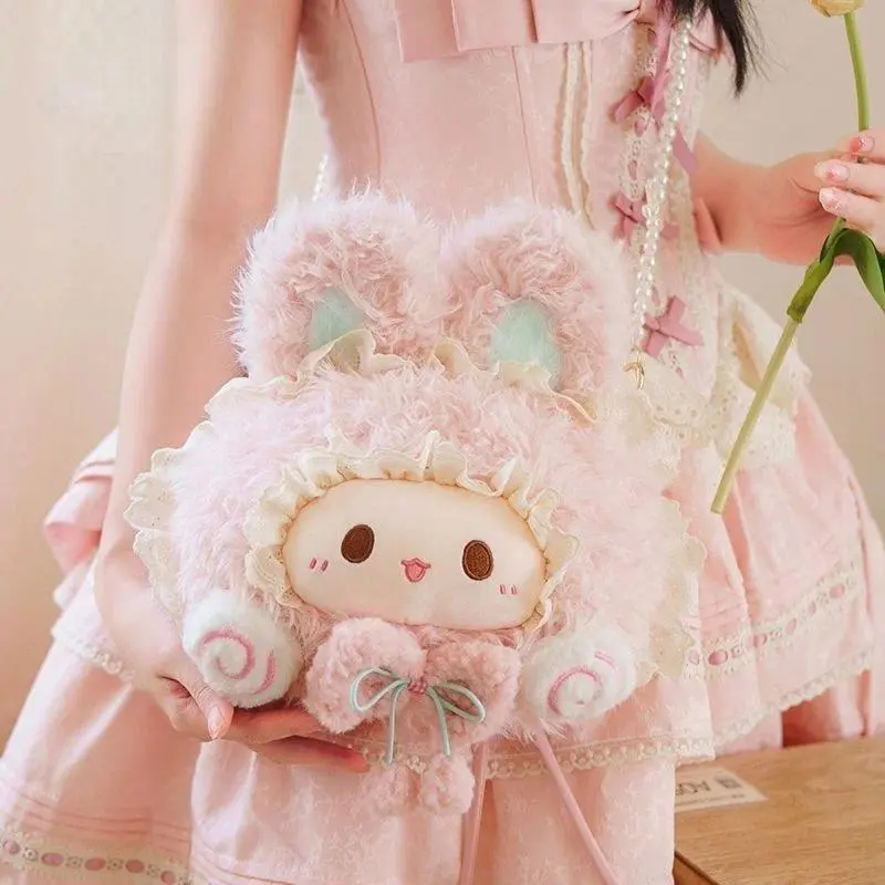 Plush Crossbody Bag, Lolita Style Adorable Rabbit Big Face Plushies Purse with Double Plastic Strap, Convertible Shoulder Bag