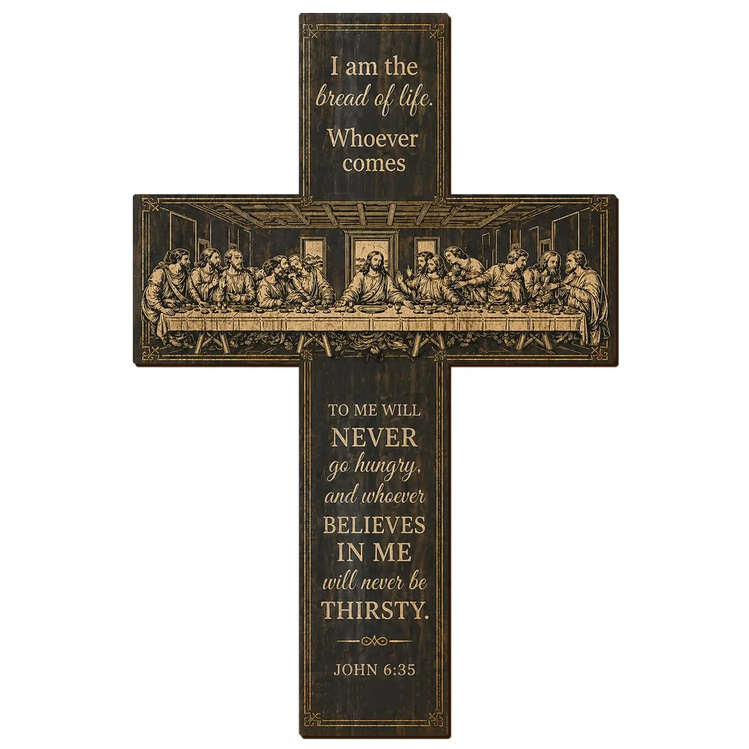 Wooden Wall Cross Decoration, Carved Last Supper Cross, John Gospel 6:35 Inscription, Vintage Christian Wall Hanging, Faith Home Decor, Catholic Spiritual Gift