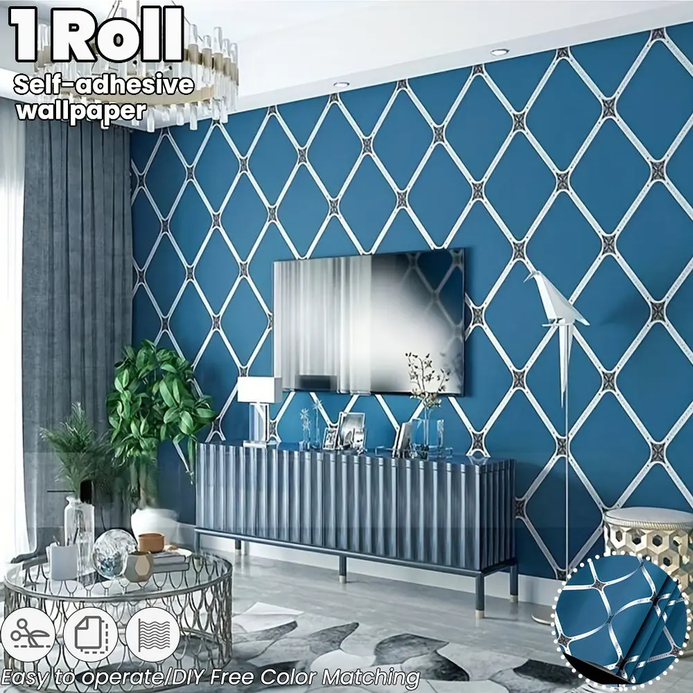 Blue Plaid Self-Adhesive Wallpaper Roll, Modern Striped Wallpaper for Indoor Walls, Decorative Wallpaper, Furniture Renovation, Home Decor Wallcovering, Self Stick Wallpaper