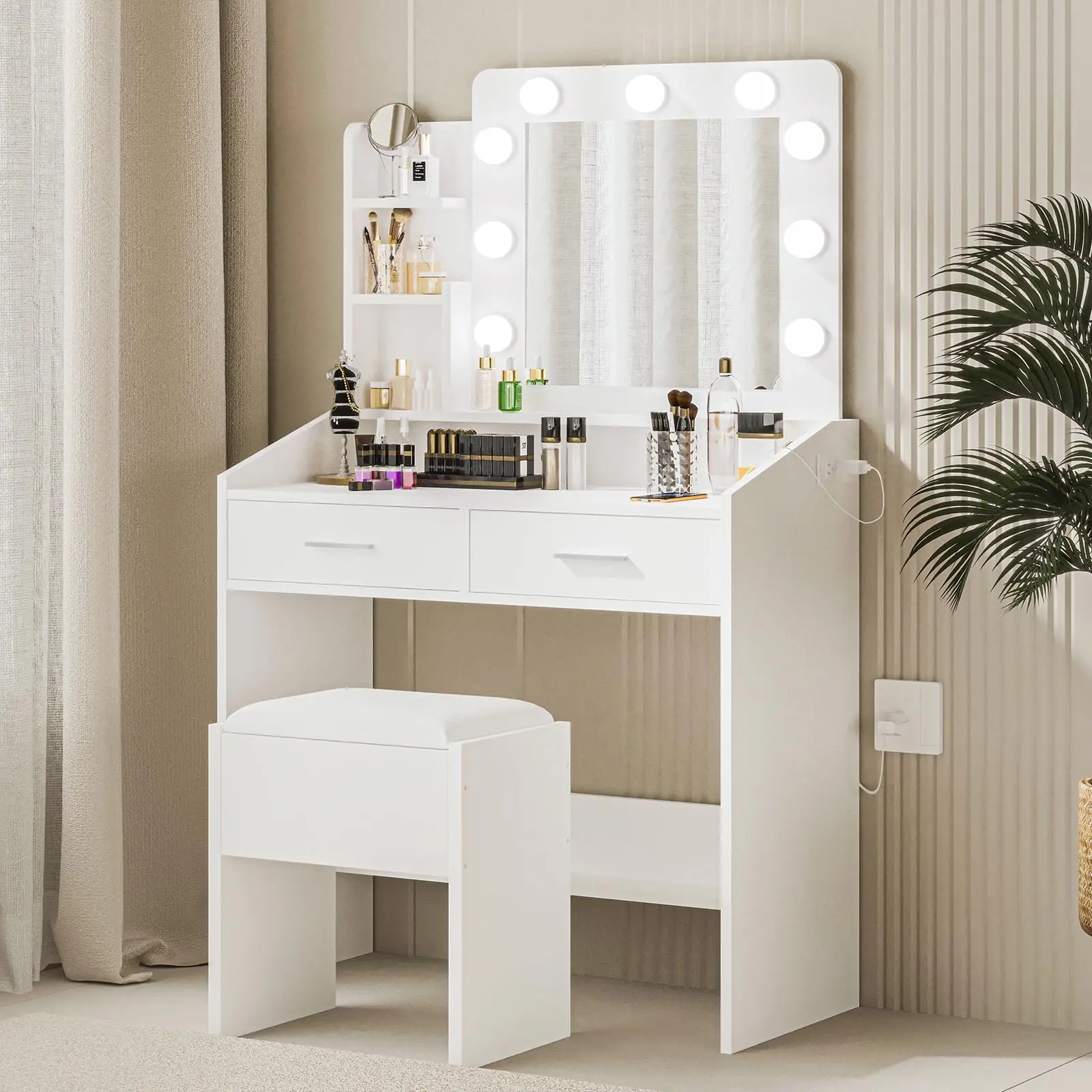 Sturdy Modern Makeup Vanity Desk Set with Black Marble Top, Built-in Mirror, Lights, Power Outlet, 2 Storage Drawers, 3 Adjustable Lighting Modes, Cushioned Stool, Built-in Hairdryer Holder - Bedroom Hair Styling Dressing Table, Rustic Brown