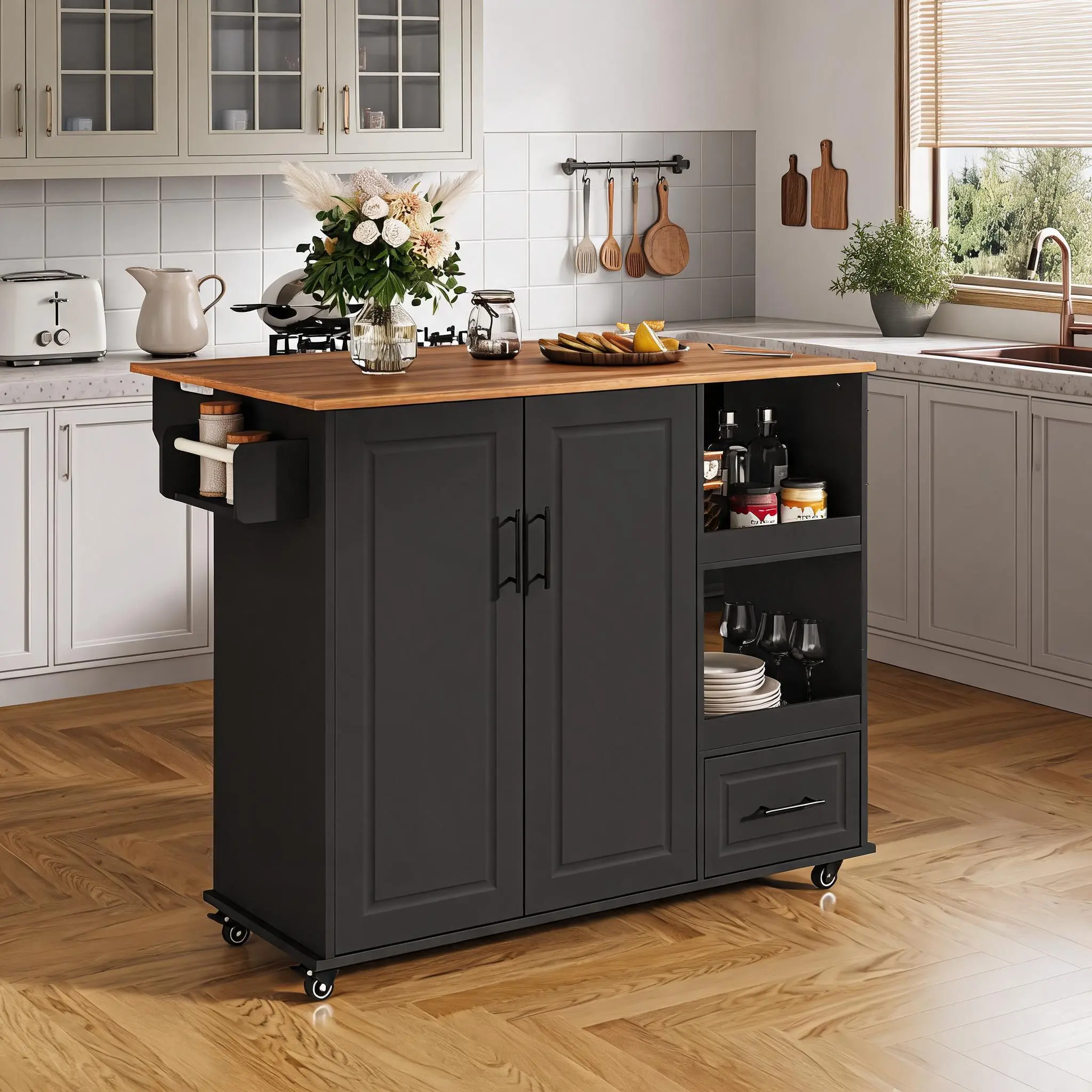 Garvee 43.3in Rolling Kitchen Cart with Butcher Block Top, Drop Leaf Top, Spice Rack, Towel Bar, Mobile Storage Unit for Small Homes