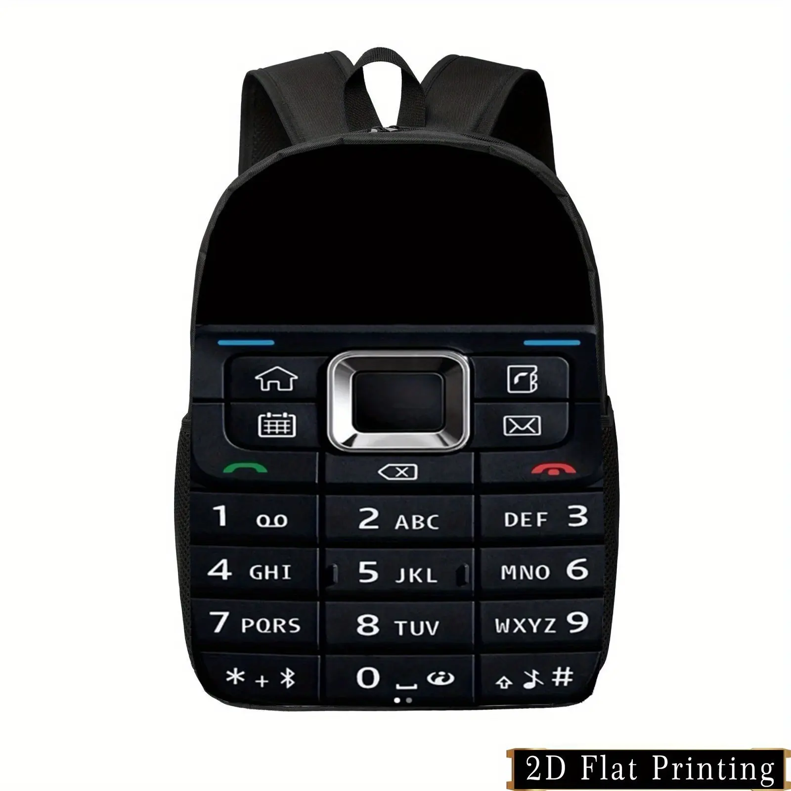 1PC Water-Resistant Cool 600D Oxford Backpack, Classic Black with 90s Retro Feature Phone Full T9 Keypad Hyperreal Print, Adjustable Strap, Mesh Design, for 90s Cell Phone Fans, Back to School Haul, First Day School GRWM (Minor 1-3 cm Size Deviation)