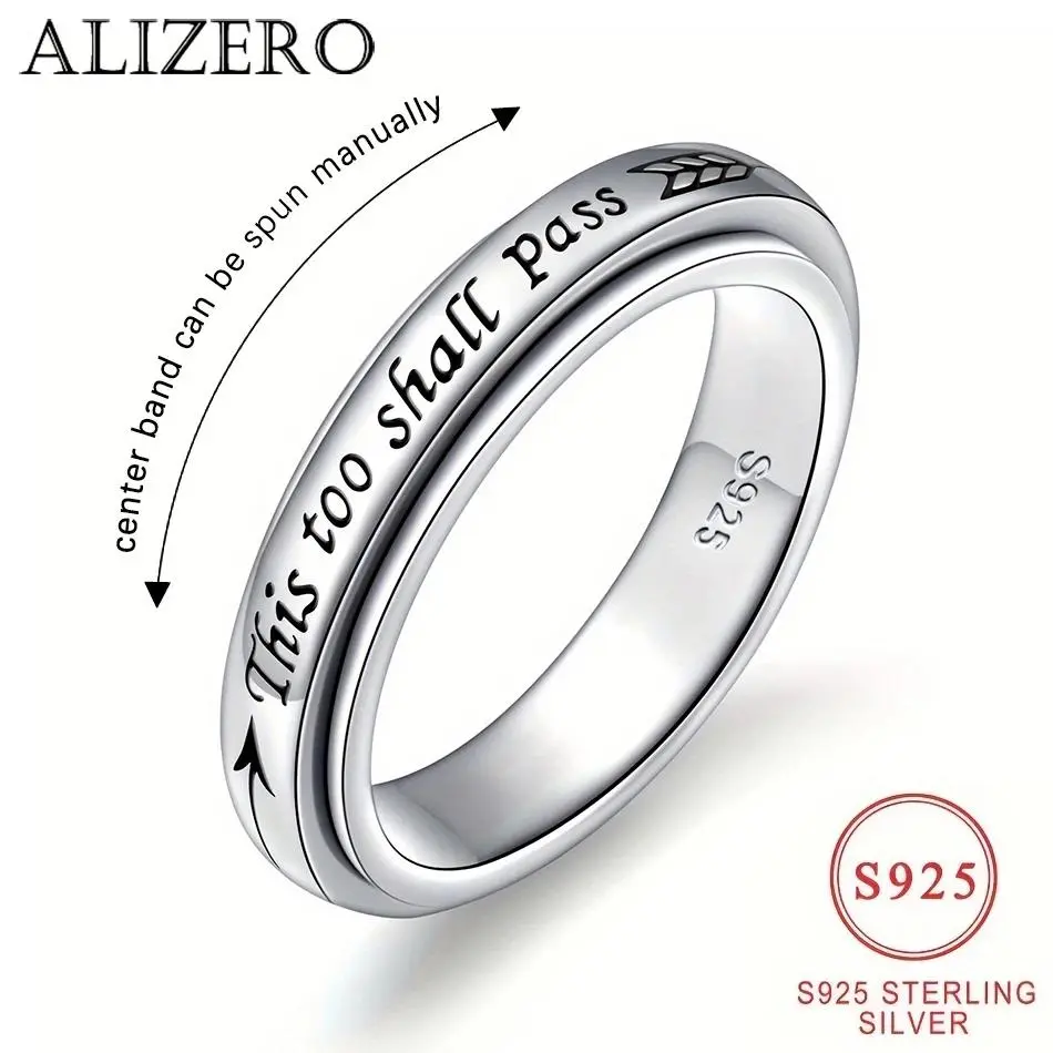 Vintage 925 Sterling Silver Spinner Ring with "This Too Shall Pass" Engraved Quote - Adjustable Bohemian Style Jewelry for Men and Women, Inscribed Message Rings, Engraved Phrase Rings, Adjustable Size
