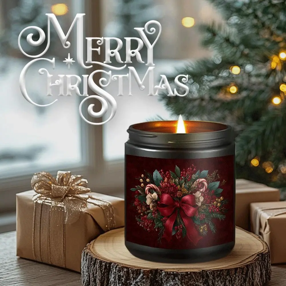 1pc Christmas Illustration Holiday Bouquet Crimson Ribbon Candy Canes Pine Branches Glossy Berries Festive Grandeur Celebratory Atmosphere Intricate Botanical Details Luxuriant Textures Traditional Color Palette Dynamic Composition