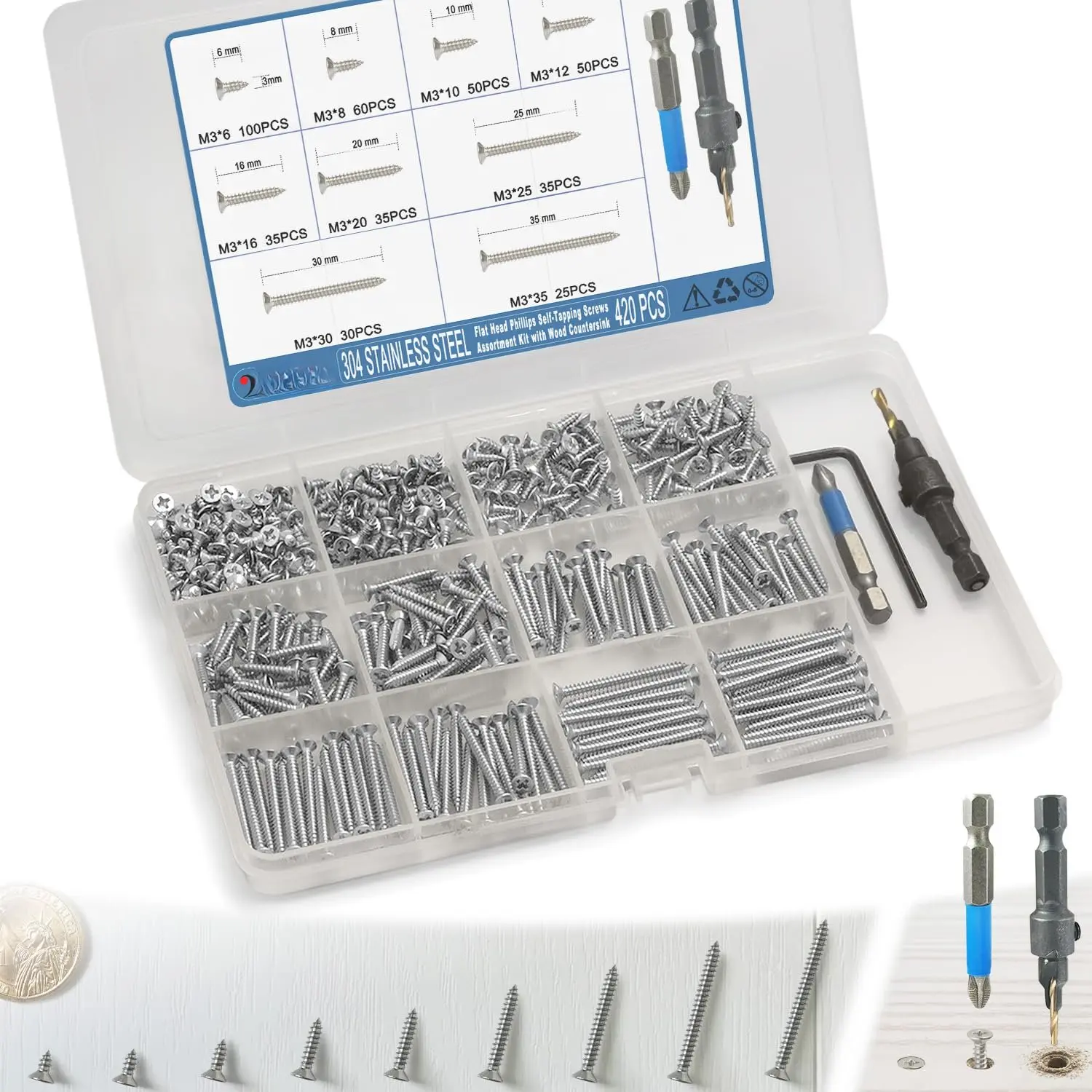 420 count Flat  Phillips  Screws  Kit, 304 Stainless Steel Self-Tapping Screw with Adjustable  Countersink (SS304 M3)