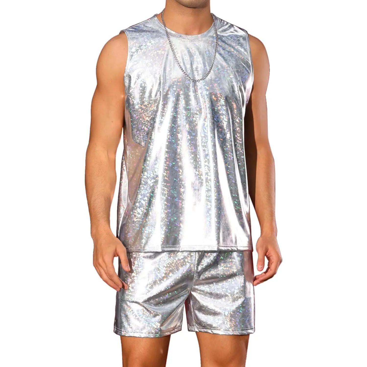 Lars Amadeus Men's 2-Piece Holographic Metallic Tank Top & Shorts Set, Fashion Menswear Clothes for Party Disco