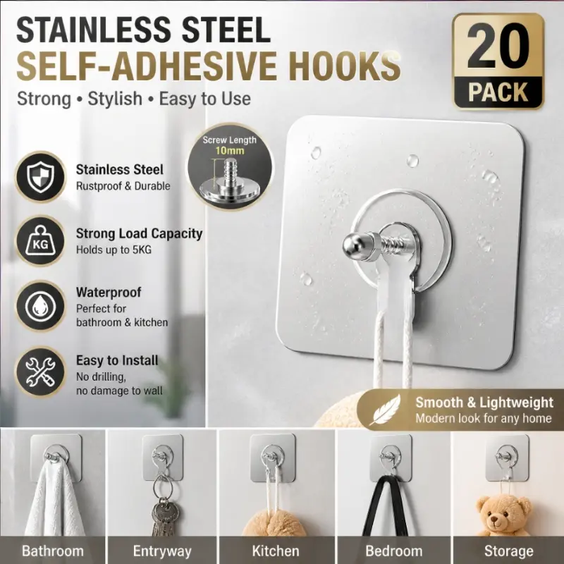 20-Piece Hook Set - Stainless Steel & Ceramic Self-Adhesive Hooks; Lightweight, Wall-Mounted, and Easy to Install.Suitable for Home Decor, Wall Accents, Storage & Organization, and Household Use.