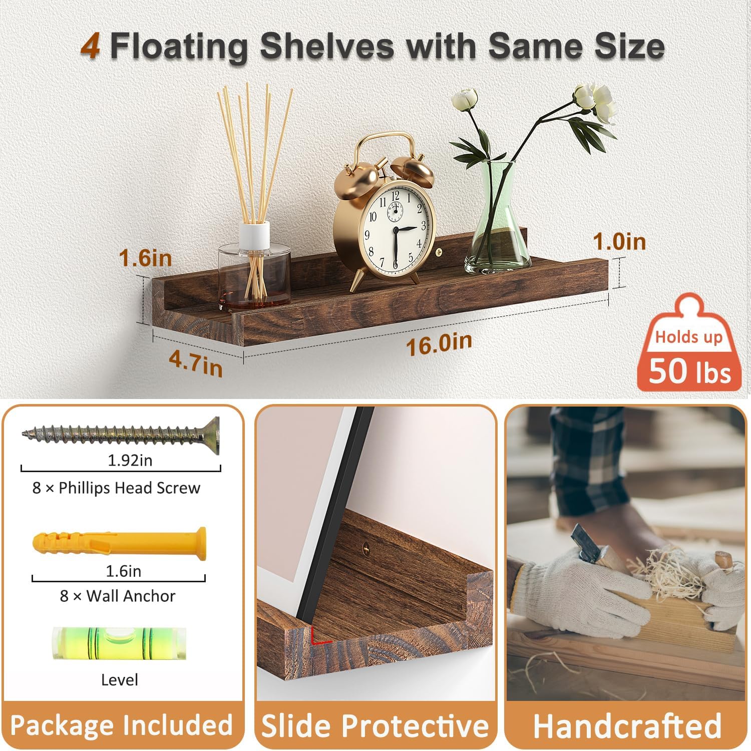 Floating Shelves for Wall, Solid Pine  Floating Shelf with Lip for Bedroom, Living Room, Kitchen, 16 Inch Wall Mounted Storage Shelves for Room Decor Organizers Set of 4 (Walnut, 4Pack 16inch)