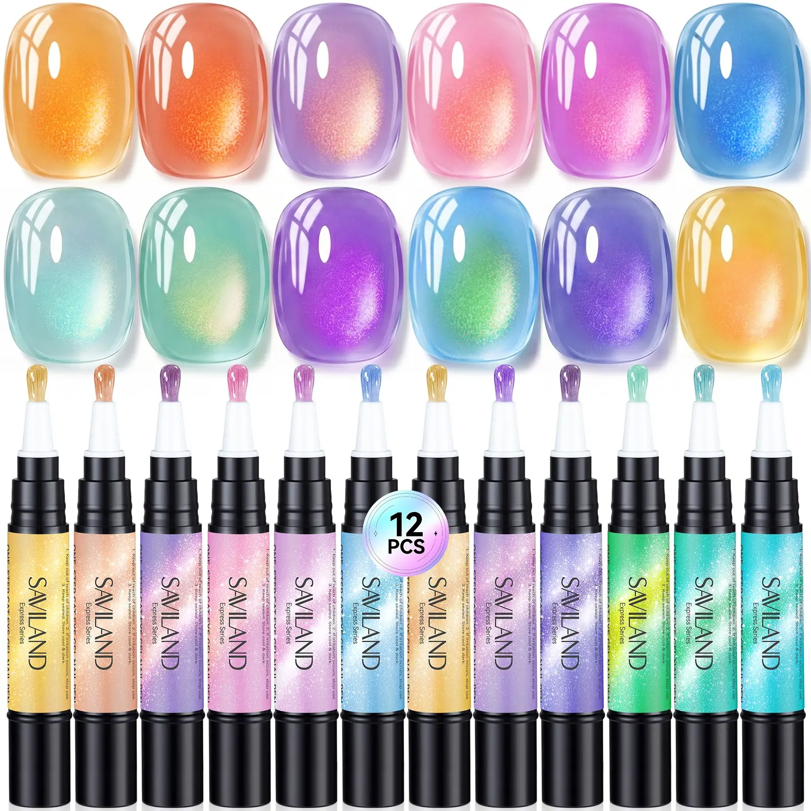 SAVILAND 3 in 1 Gel Nail Polish Pen Set 12 Colors Cat Eye Gel Polish Base Color Top Coat Travel Size 4ml Each for Home DIY Manicure Nail Art Kit gel nail polish sets