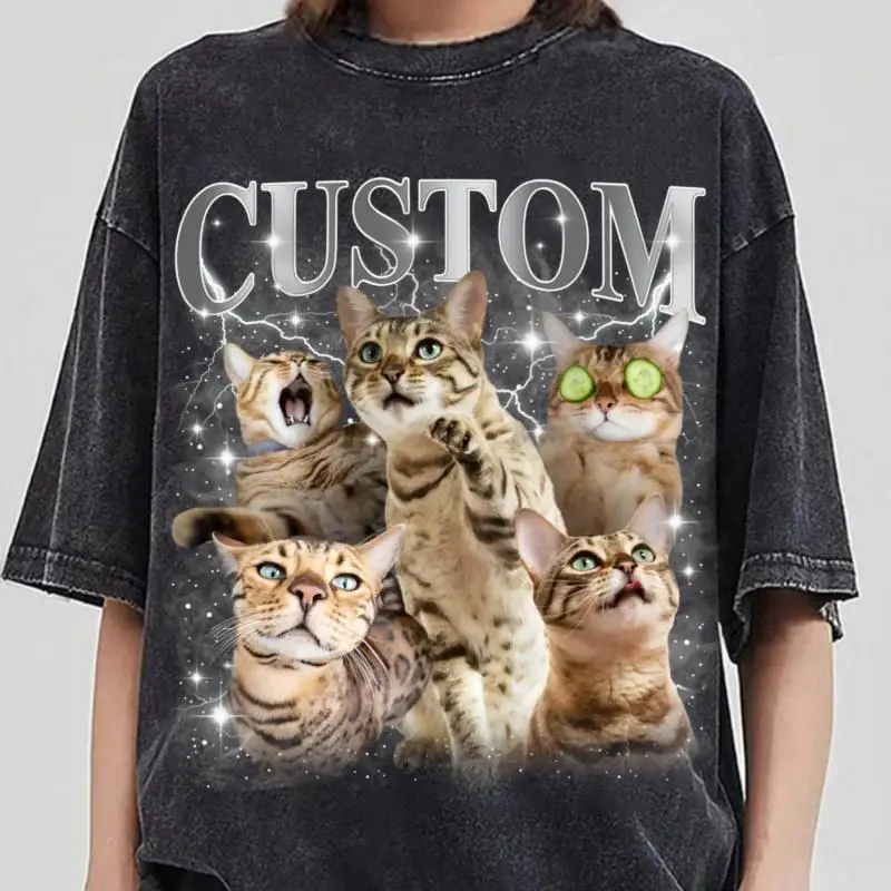 Personalized Women's T-Shirt with Custom Pet Photo, Retro Loose Fit Graphic Top, Lightweight and Comfortable for Everyday Wear, Streetwear, Basic, Casual, Essential, Party, Flat, Clothes