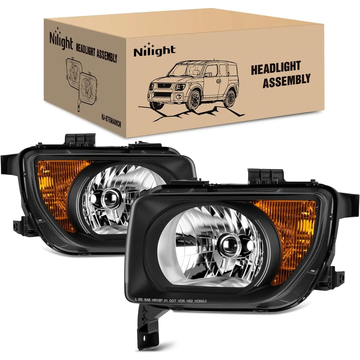 Nilight OE-Style Halogen Headlight Assembly, Luminous Brightening Adjustable Reflective, Compatible with 2003-2004 Element DX & 2005-2006 Honda Element, Black Housing Amber Reflector, Driver & Passenger Side, 2003-2004 Elemont Dx