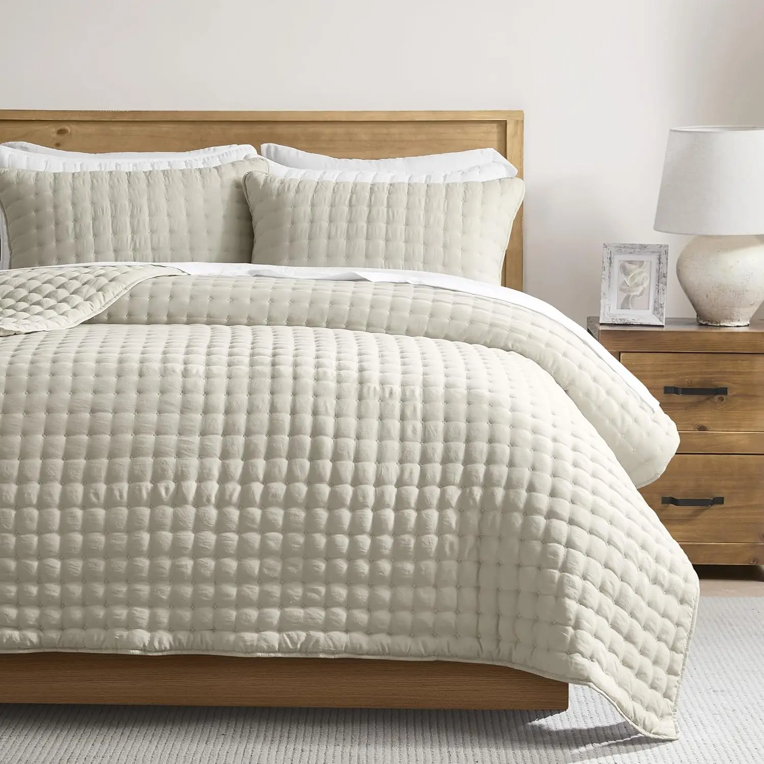 Beige Queen Size Bedding Sets with 2 Pillow Shams, Neutral Lightweight Soft Bedspread Coverlet, Quilted Blanket Thin Comforter Bed Cover for All Season, 3 Pieces, 90x90 inches