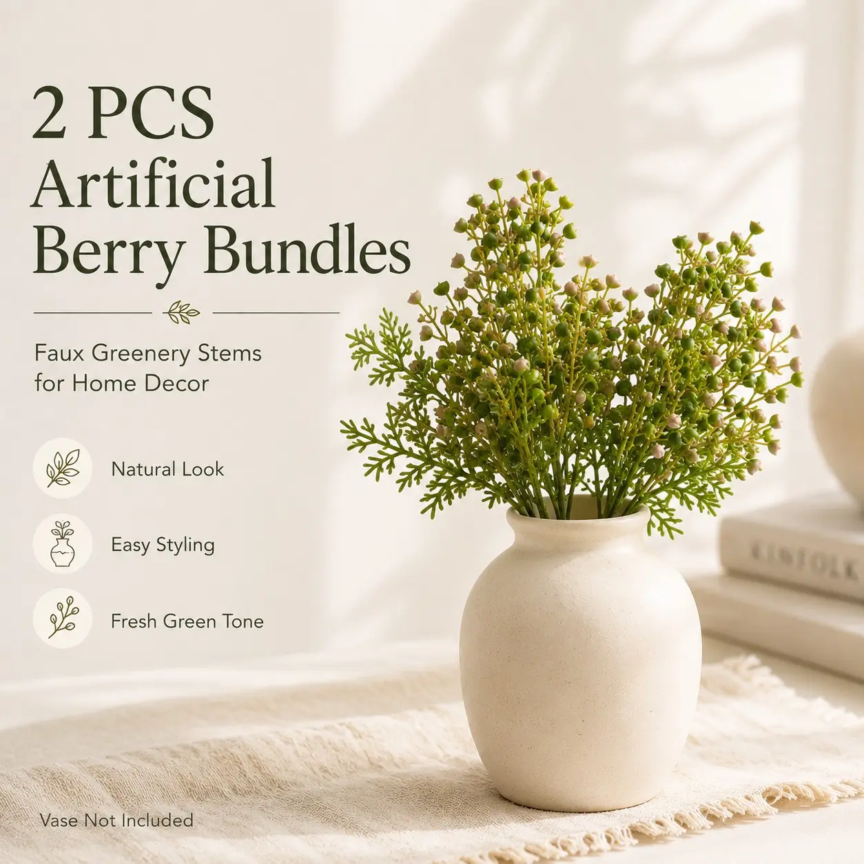 6 PCS Artificial Berry Stems, Faux Greenery Berry Branches, Fake Green Plant Stems for Vase, Decorative Floral Arrangement, Wedding Centerpiece, Table Decor & Home Decoration