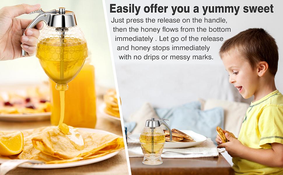 Honey Dispenser No Drip Glass 8 oz with Plastic Top, Beautiful Honeycomb Shaped Honey Jar with Stand - 6" Clear Container, Honey Pot, Maple Syrup Dispenser, Perfect Bee Decoration for Home Kitchen