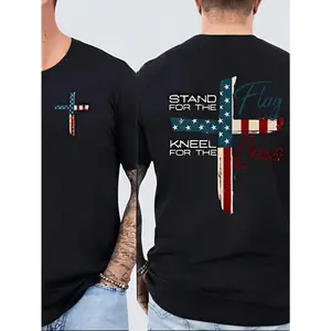 Patriotic Christian Faith T-Shirt, Stand For The Flag, Kneel For The Cross Religious Shirt, Cross Design Men's T-Shirt Showing American Pride, Conservative Christian Cotton Clothing