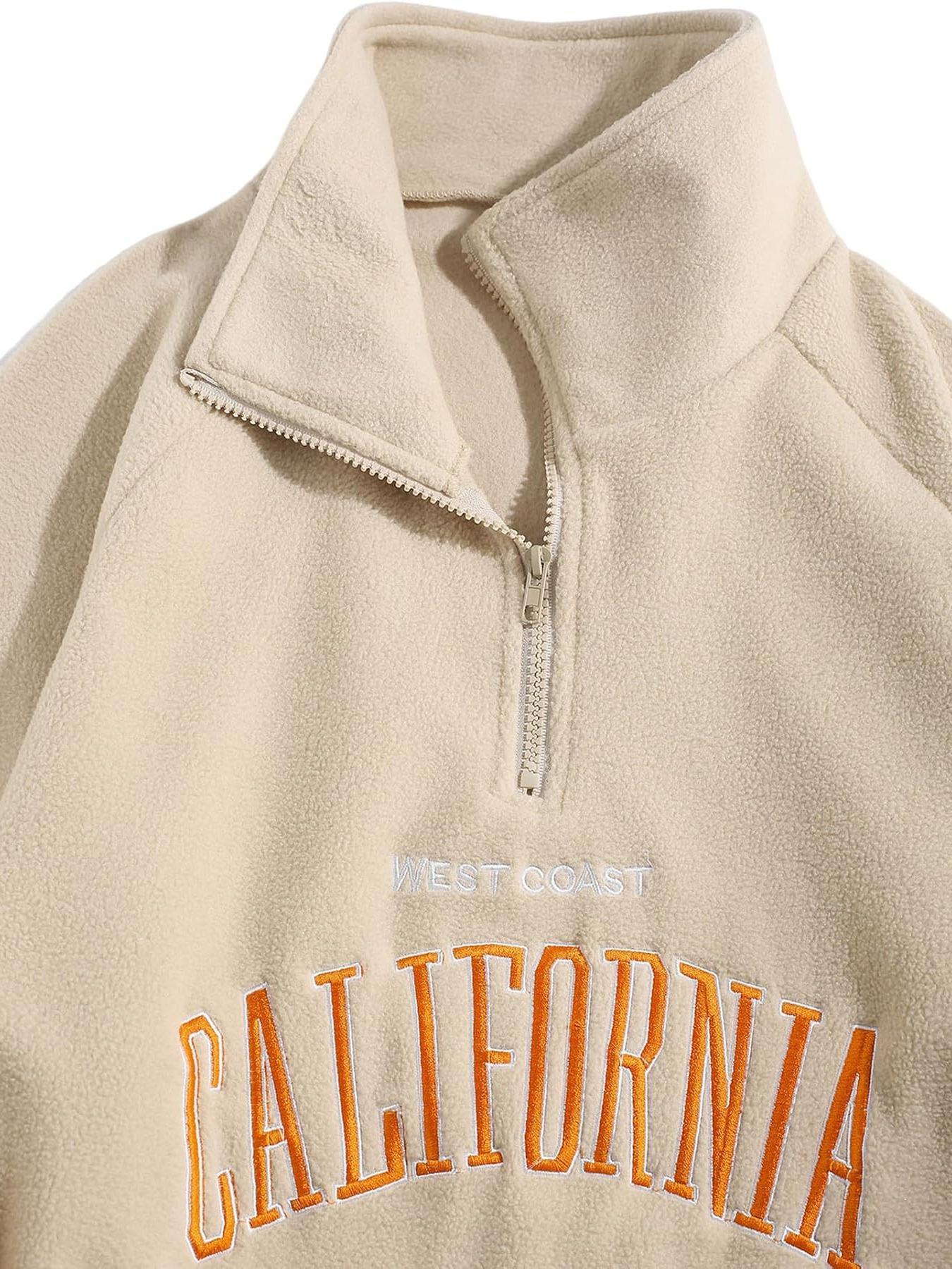 Men's Casual Loose-Fit High Neck Sweatshirt, California Embroidery Long Sleeve Pullover, Thick Fleece Fabric for Fall & Winter, Embroidered Sweatshirt