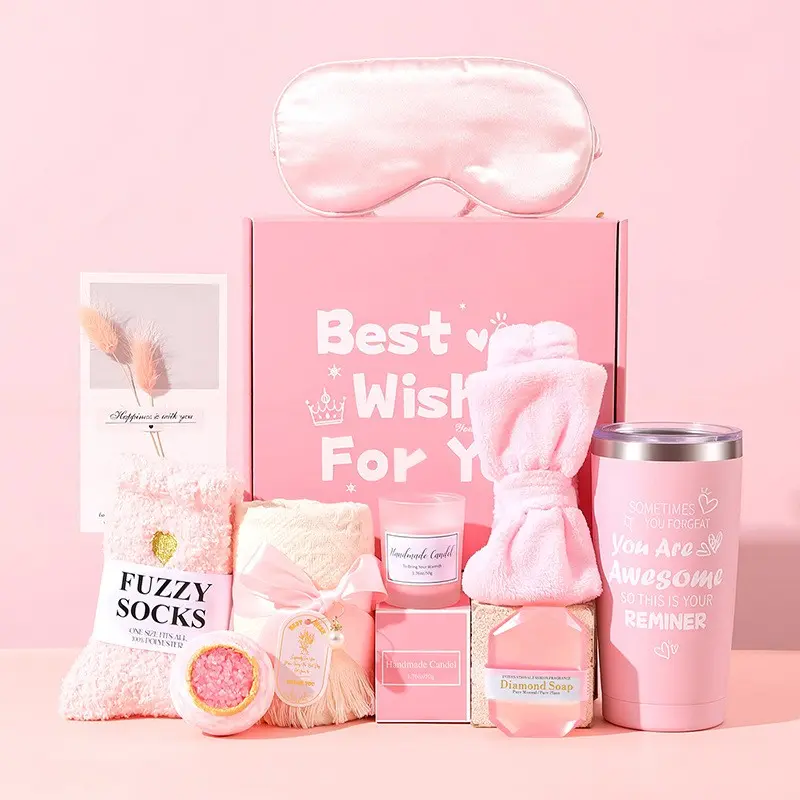 1 Set Multi-functional Souvenir Gift Box Set, including insulated tumbler, satin eye mask, scented candle, fuzzy socks, towel, gemstone soap, bath bomb and greeting card, suitable for all seasons, parties and holiday gifting