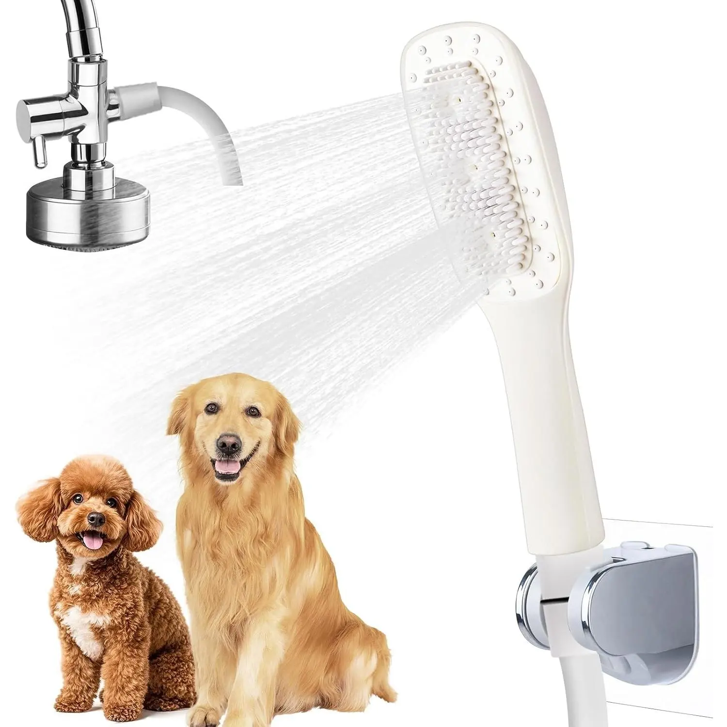 Dog Shower Attachment - Handheld High-Pressure Sprayer with Brush, Shower Accessory with 4 Spray Modes, 8.2ft Hose, G1/2" Brass Parts Diverter for Fast Cleaning, Universal Fit Indoor/Outdoor Dog Bathing