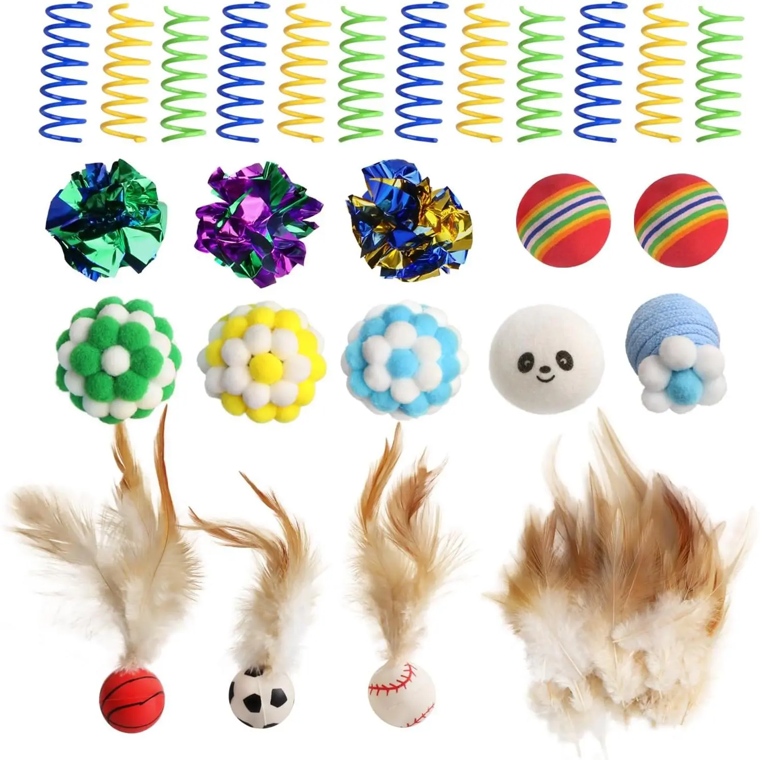 Toys for Indoor Cats, a Set of 25 Interactive  Toys, Including Colorful Springs, Squeaky Balls, Rainbow Balls,  Bouncy Balls,  Balls, and Many Other Kitten Toys.
