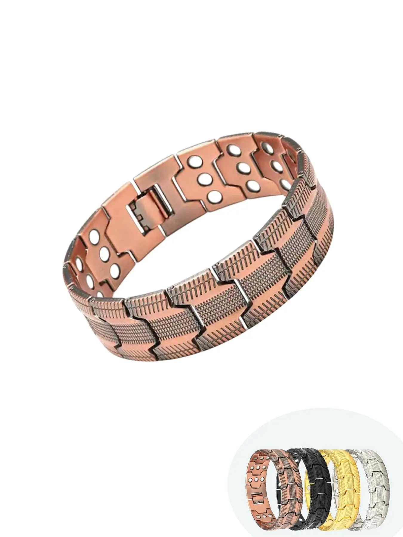 Multicolor Magnetic Therapy Bracelet, Textured Metal Links, Embedded Magnets, Adjustable Size, Industrial Style, Men's Daily Wear, Fitness, Health, Casual