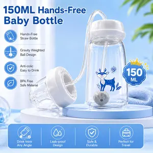 150ML Baby Bottle, Hands Free Anti Colic BPA Free, with Straws & Silicone Pacifier, Cute Baby Feeding Bottle, Newborn Essentials