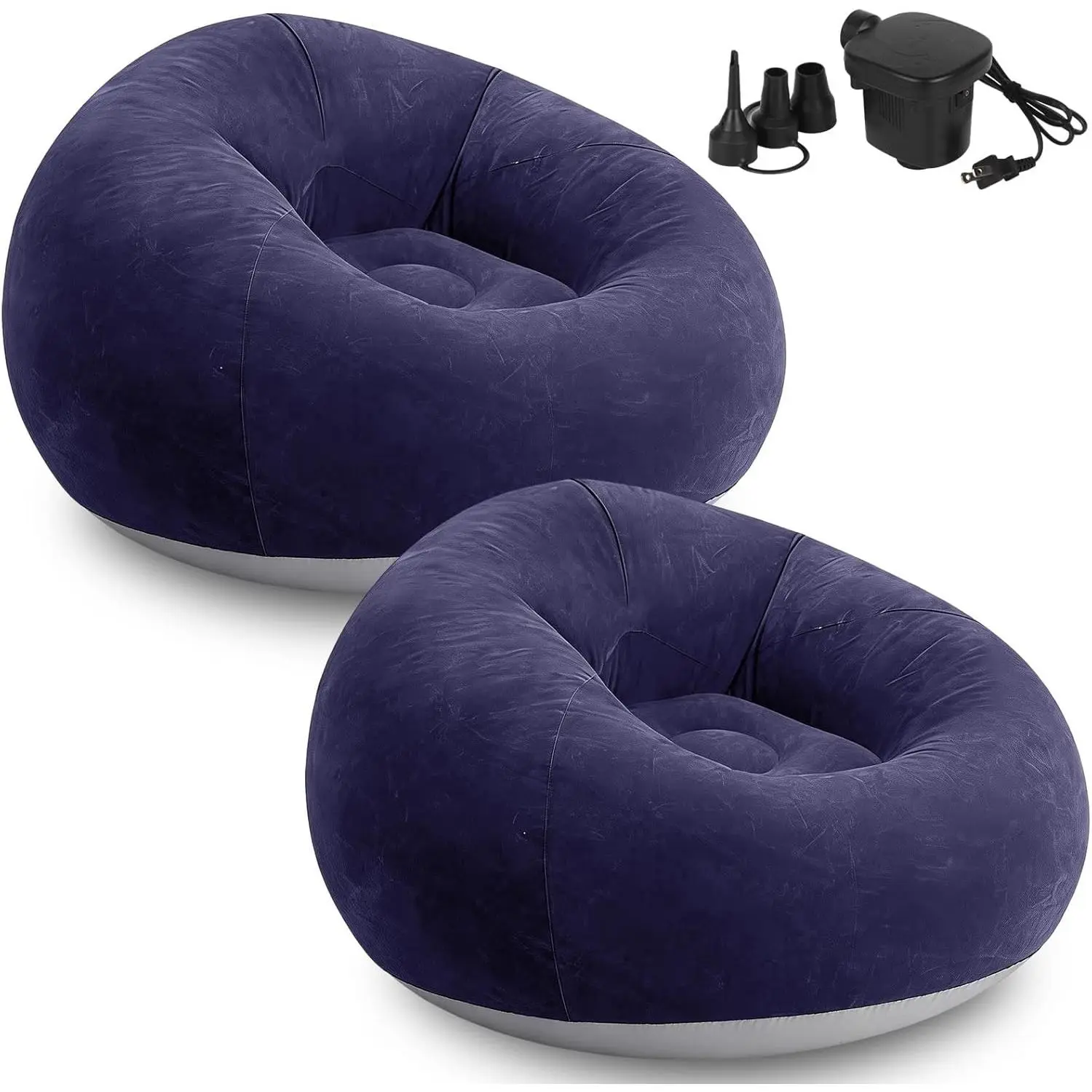 2pcs Blue Inflatable Bean Bag Chairs for Adults - Portable Folding Blow Up Couch with Electric Air Pump, Lazy Sofa for Outdoor Camping, Movie Nights
