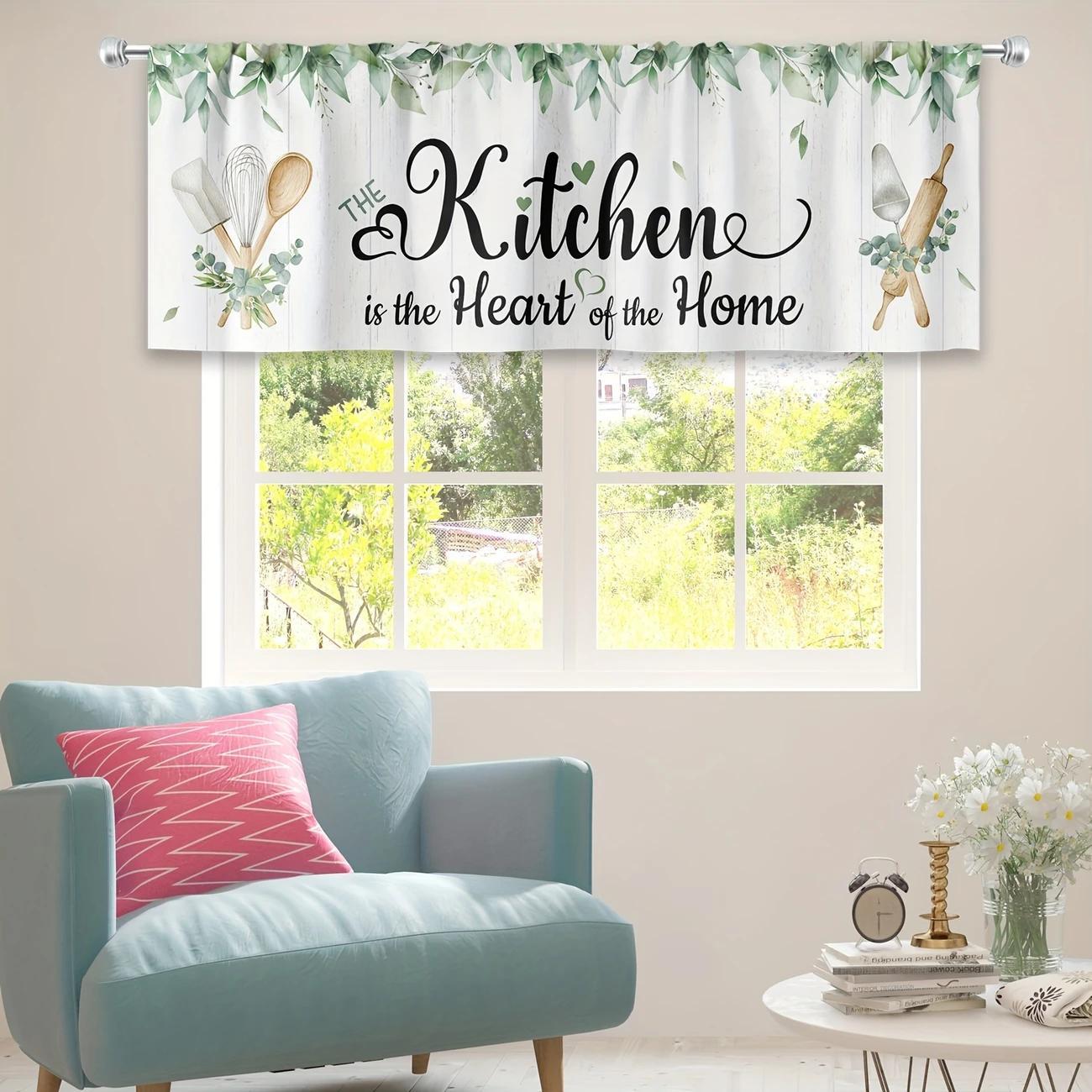 Rustic Eucalyptus Leaf Kitchen Window Curtains, Farmhouse Natural Pocket Rod Decor for Kitchen, Cafe, Office, Living Room & Dining Room, Home Decorative Curtain, Home Decoration Curtain