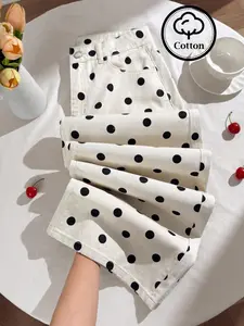 Boho Style Polka Dot Denim Jeans, Bohemian Loose-Fit Floor-Length Pants, Button Fly Closure, Casual All-Season Wear, Comfortable Daily