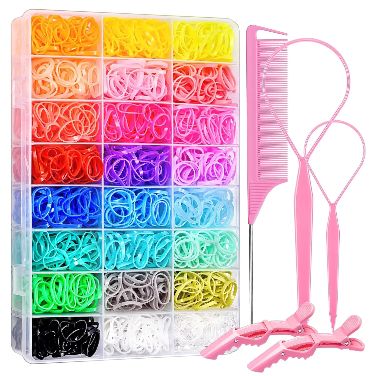 Hair Tie Set, 1505 Count Colorful Elastic Hair Rubber Bands with Topsy Tail Hair Tools, Rat Tail Comb and Hair Clips for Women Hair Styling