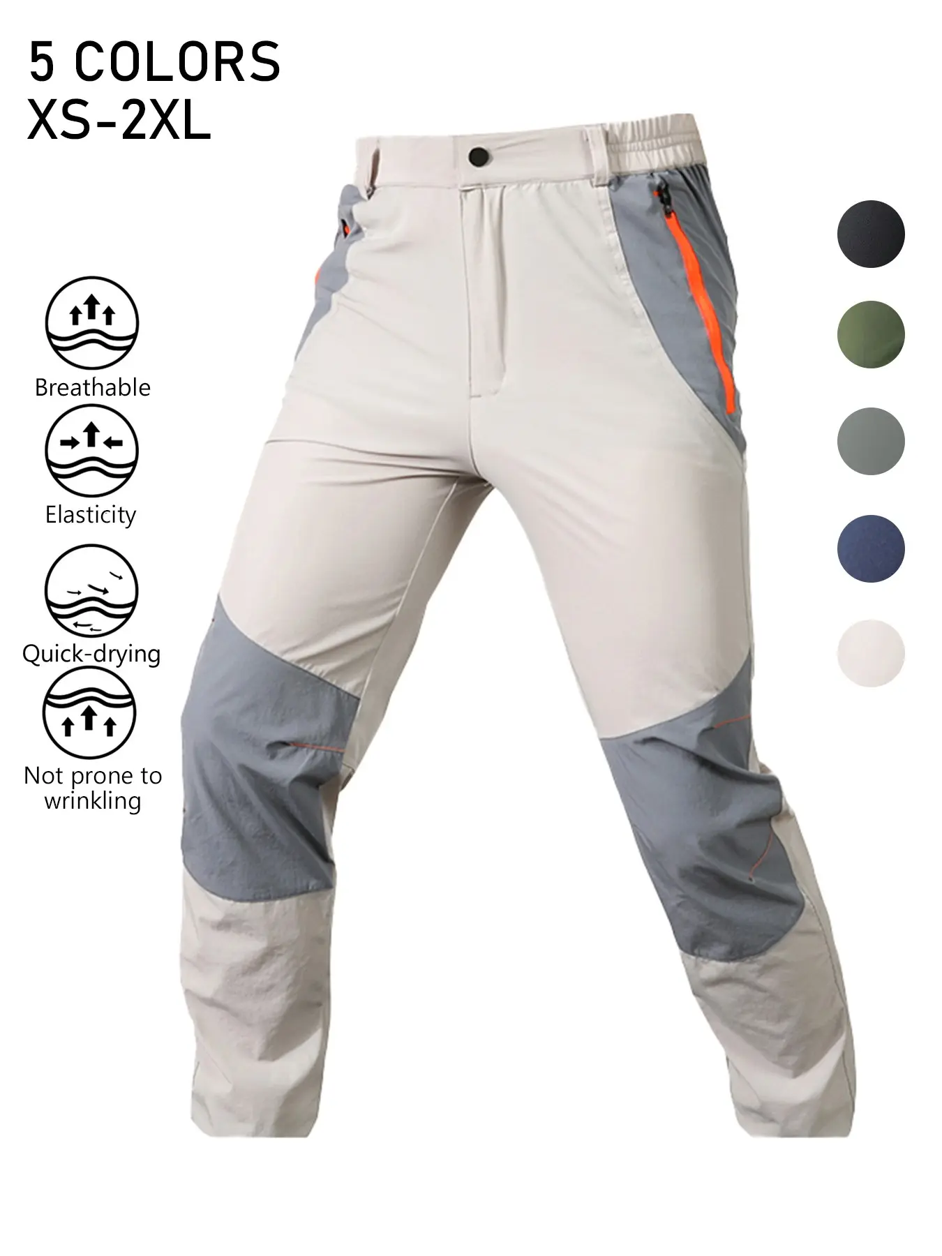 Men's Color Block Outdoor Hiking Pants, Elastic Waist Quick Dry Breathable Wrinkle Resistant Straight Leg Trekking Trousers with Reinforced Knee & Zipper Security Pockets, Lightweight Stretch Pants for Camping Fishing Travel Outdoor Sports Daily Wear