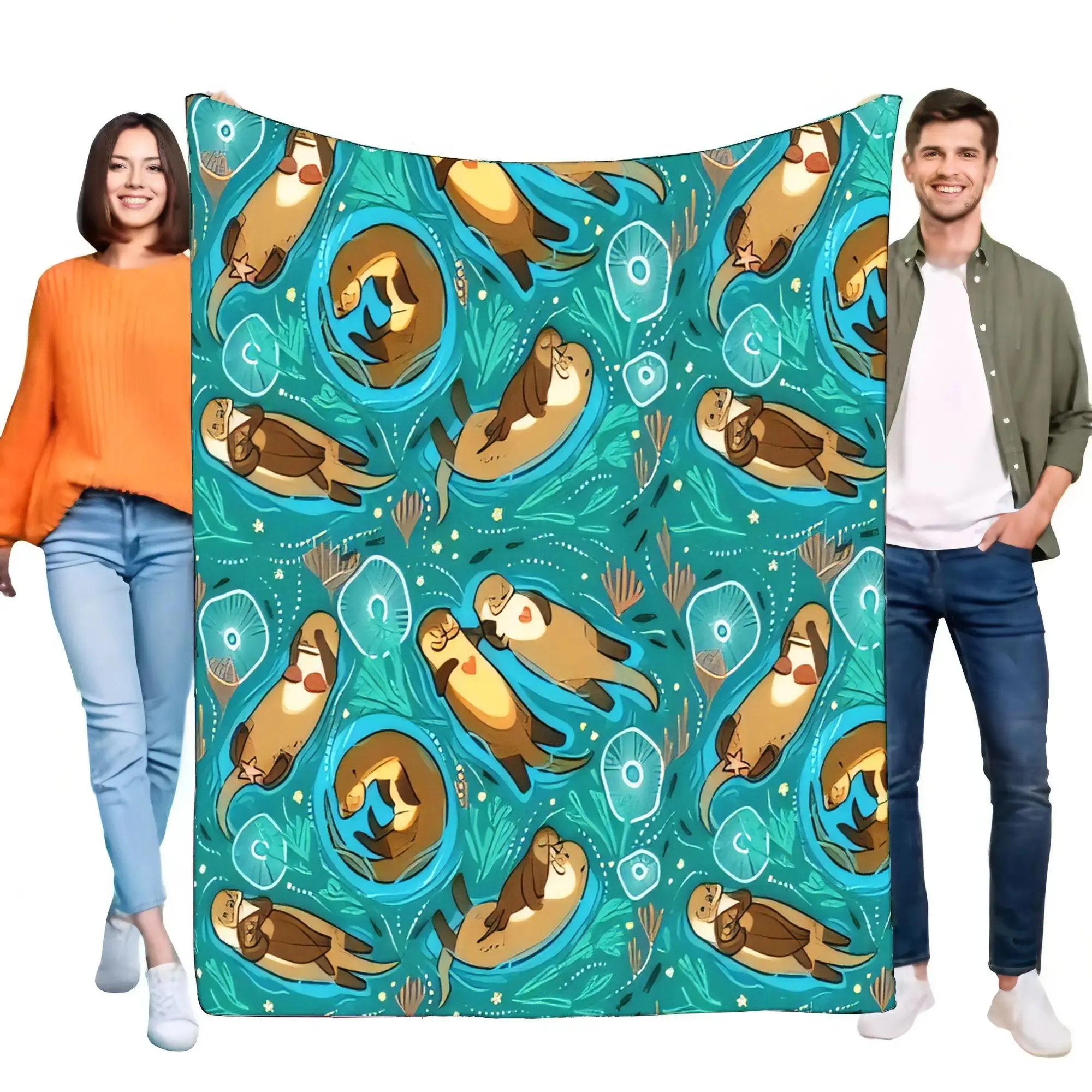 Cute Otter Pattern Flannel Blanket – Teal Animal Print Throw for Bedroom Decor, Reading Corners, Naps and Animal Lovers