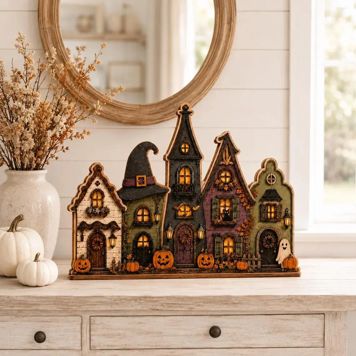 Vintage Haunted Town Wooden House Desktop Decor, Bat Ghost Pumpkin Tombstone Halloween Display, Rustic Farmhouse Fireplace Ornament, Desktop Decoration Ornament