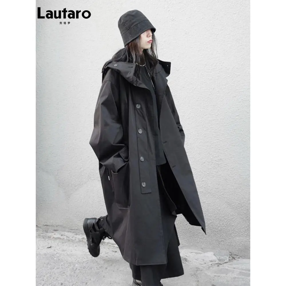 Spring Autumn Long Oversized Black Trench Coat with Hood  Dark Academia Aesthetic Luxury Designer Clothes for Women 2022