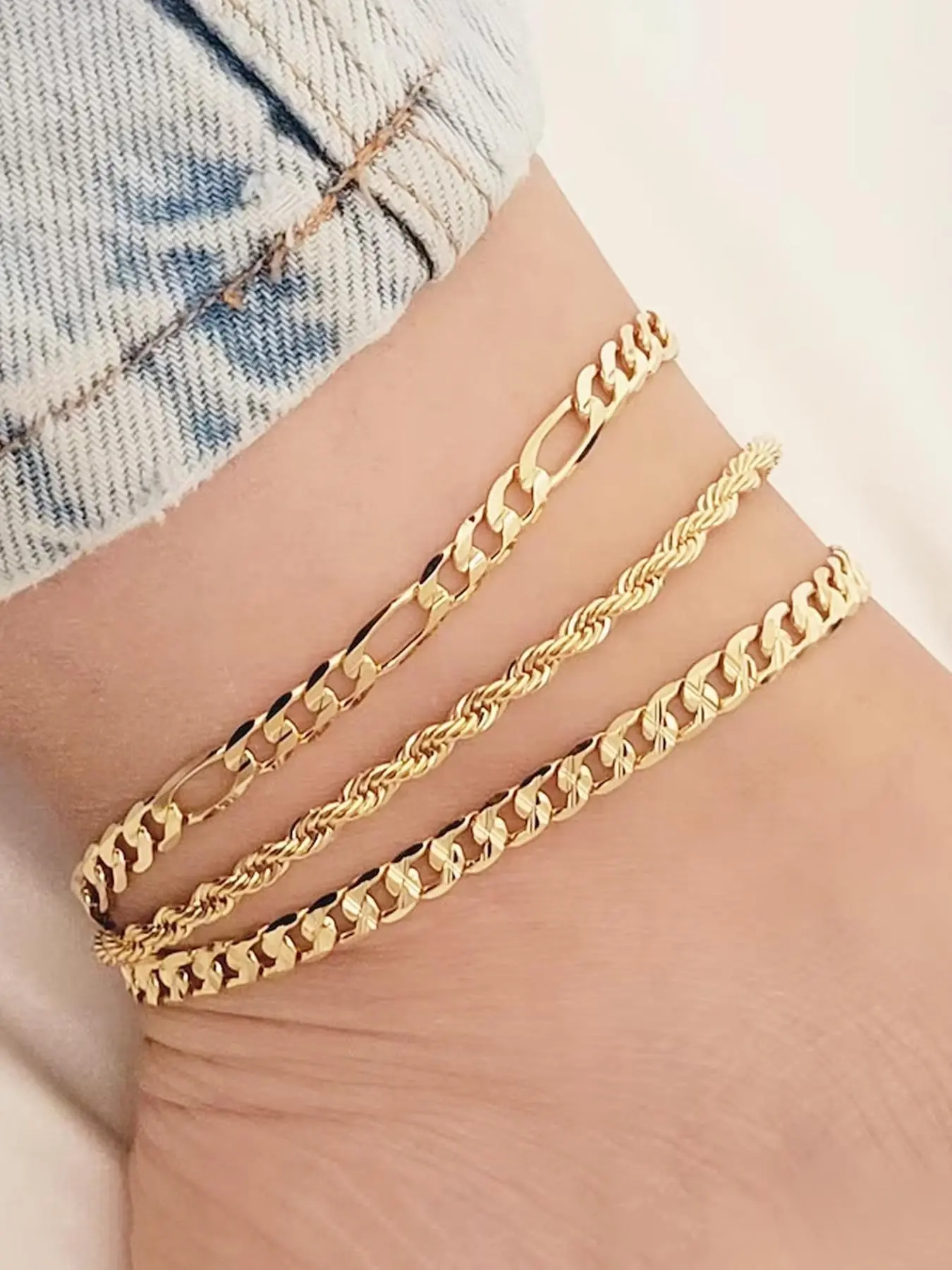 3-Piece Fashionable Cuban Chain Anklet Set, Wearable Jewelry, Elegant Plain Design, Zinc Alloy Material, All-Season Wear, Perfect for Parties and Casual, Fashion Accessories