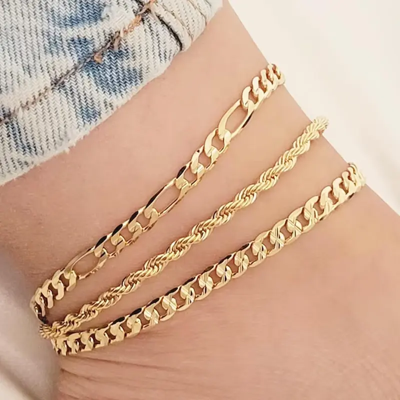 3 Piece Cuban Chain Anklet Set for Women, Minimalist Ankle Bracelets, Elegant Accessory, Zinc Alloy, Layered Anklets for Party, Beach & Everyday Wear