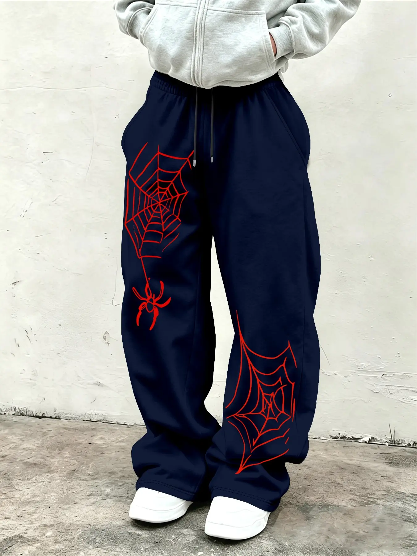 Men's Streetwear Spider Web Pattern Loose Sweatpants, Elastic Waist Pocket Wide Leg Straight Pants, Casual Hip Hop Daily Wear Long Pants