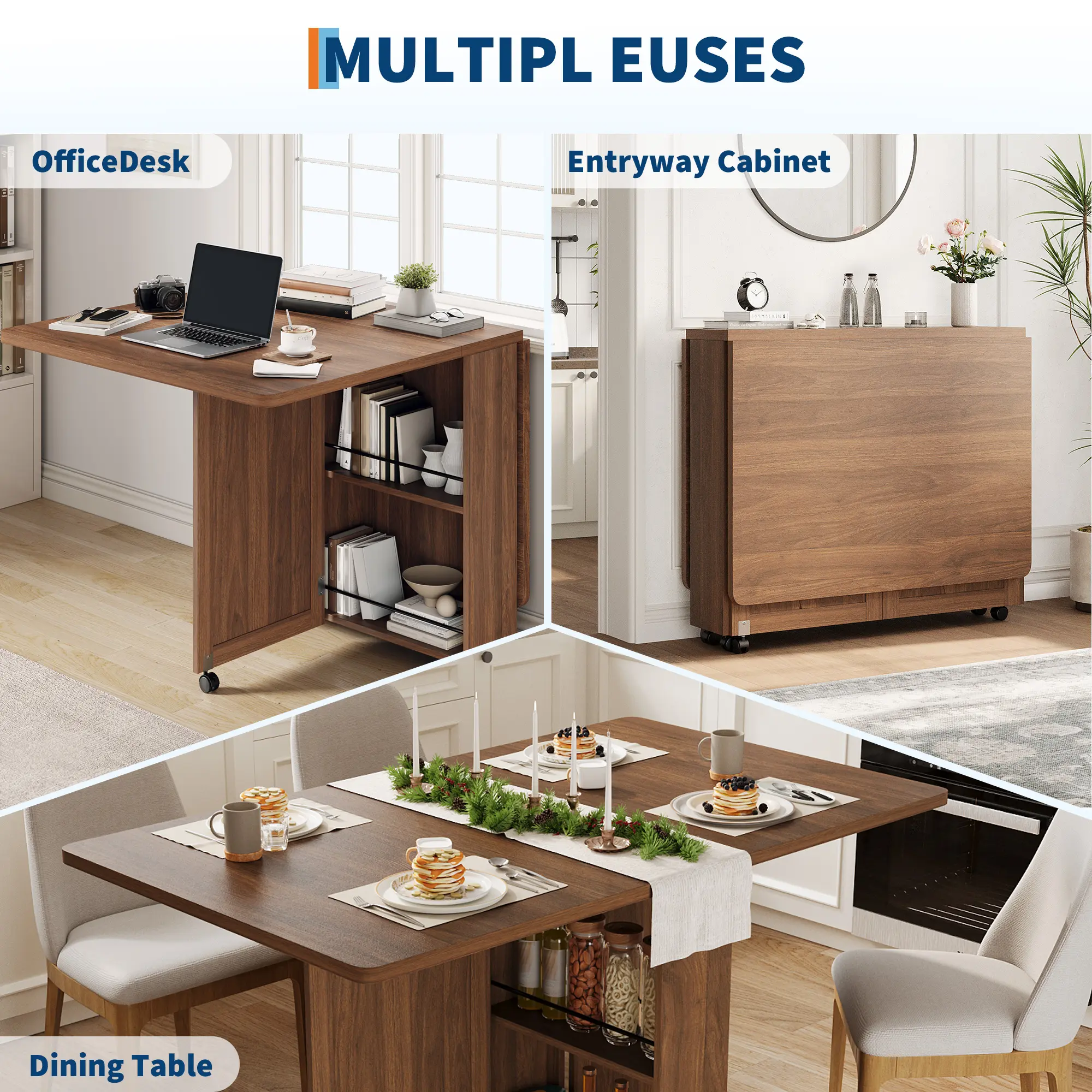 Folding Dining Table with 6 Wheels – Built-in Drawer & Storage Shelves – Space-Saving Restaurant Furniture for Compact Kitchens and Dining Areas – Available in White or Brown