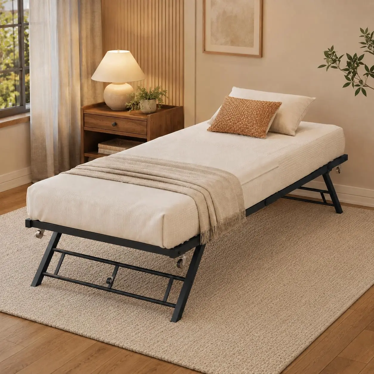 and  Twin Pop Up Trundle Beds with Lockable Casters, Foldable Metal Platform Frames, Stand Up Day Bed Height, Ideal for Guest Rooms and Living Spaces, Available in Bronze and White
