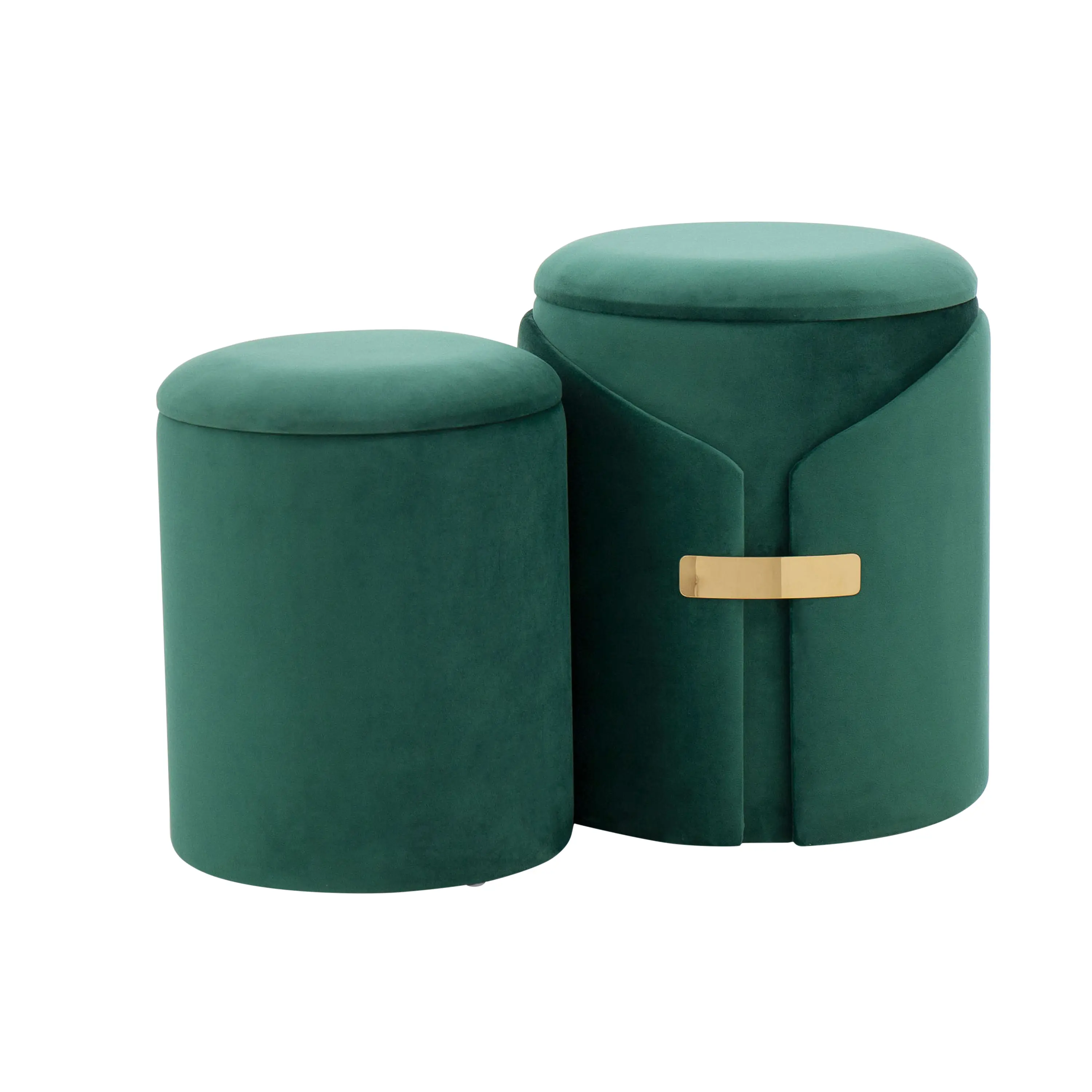 Nokaa Contemporary Nesting Ottoman Set – Green Velvet with Gold Metal Accent, 2-Piece Stackable Footstool for Living Room, Space-Saving Design, Multiple Color Options Available
