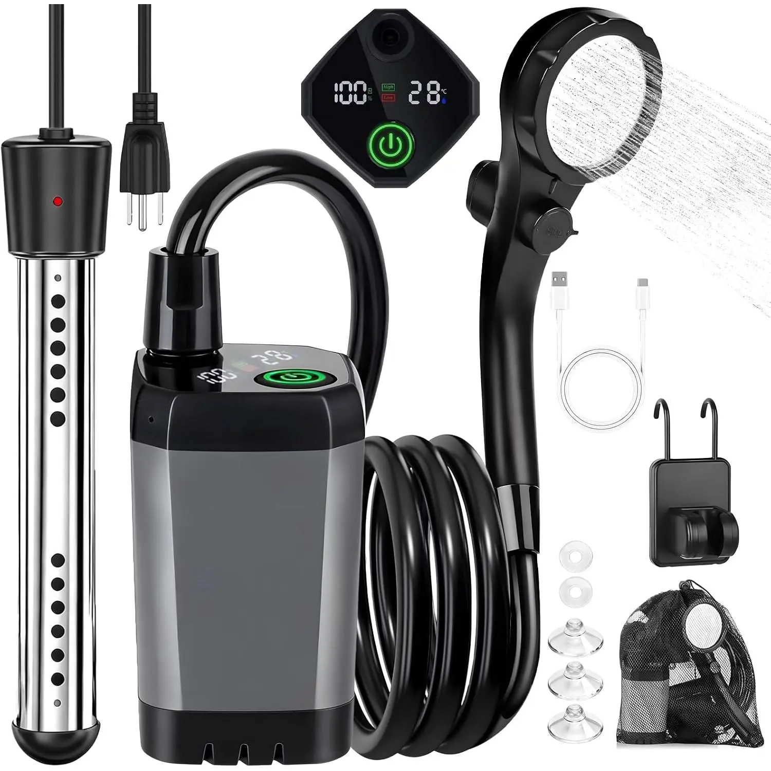 Portable Heated Camping Shower, 6000mAh Rechargeable with 2000W Immersion Heater & LED Display, Ideal for Outdoor Travel Hiking Camping Car Pet Washing