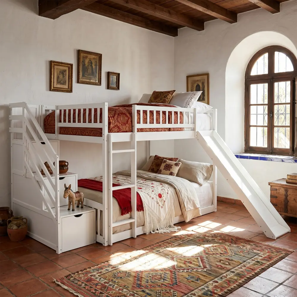White Modern Full-over-Full Stairway Bunk Bed, Featuring 3 Drawers and a Slide