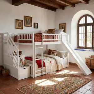 White Full-over-Full Stairway Bunk Bed with 3 Drawers and Slide