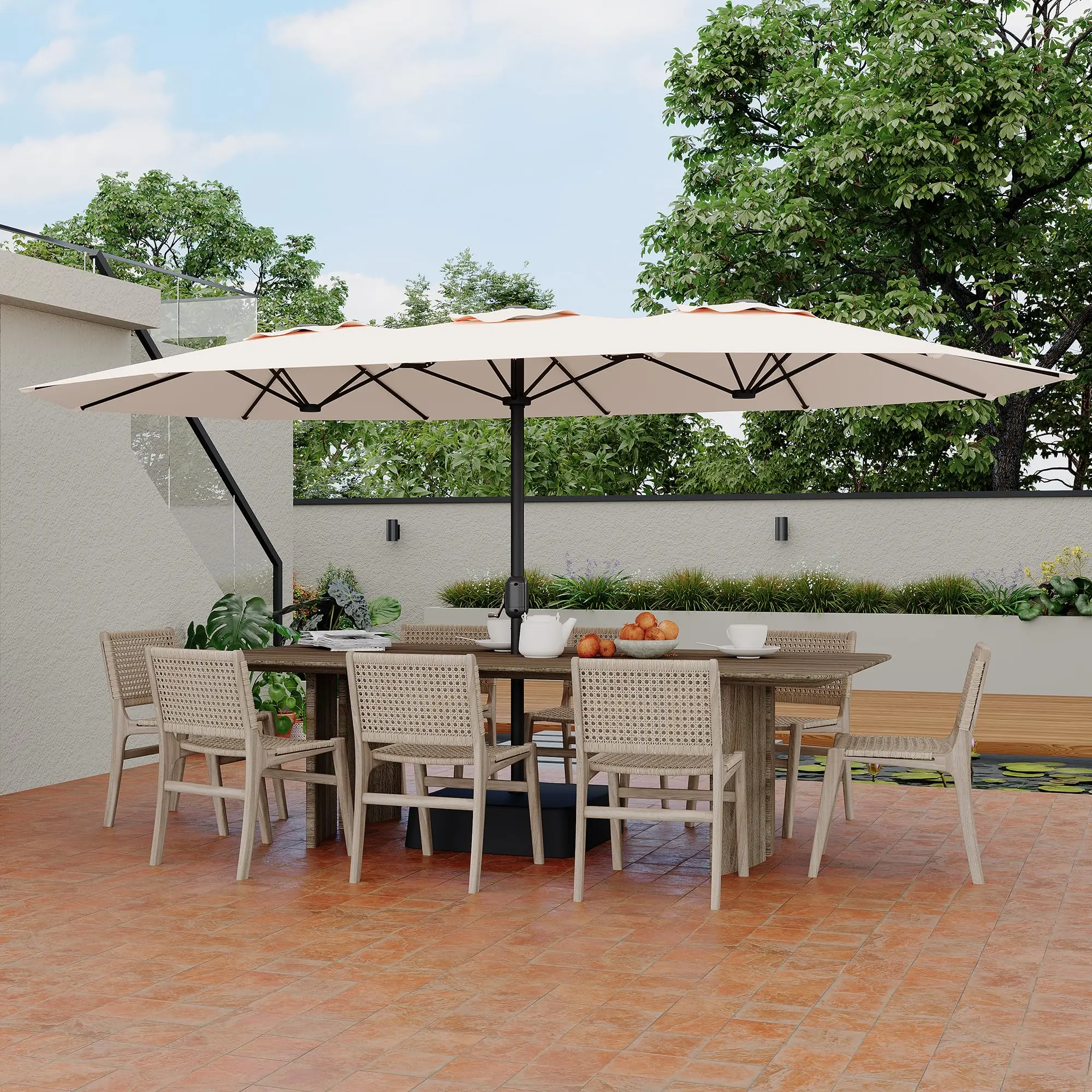 Garvee Triple Head Patio  with Base Included - Extra  Outdoor Market  with Crank Handle, Heavy Duty  Sunshade with Base Weights for Yard & Deck 6-sided