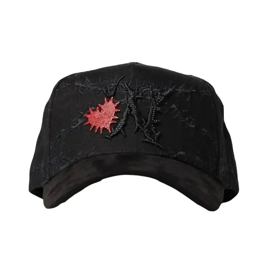 Gothic Thorn Vine Blood Splash Rhinestone Embroidered All Black Baseball Cap, Dark Grunge Streetwear Snapback Hat for Men Women