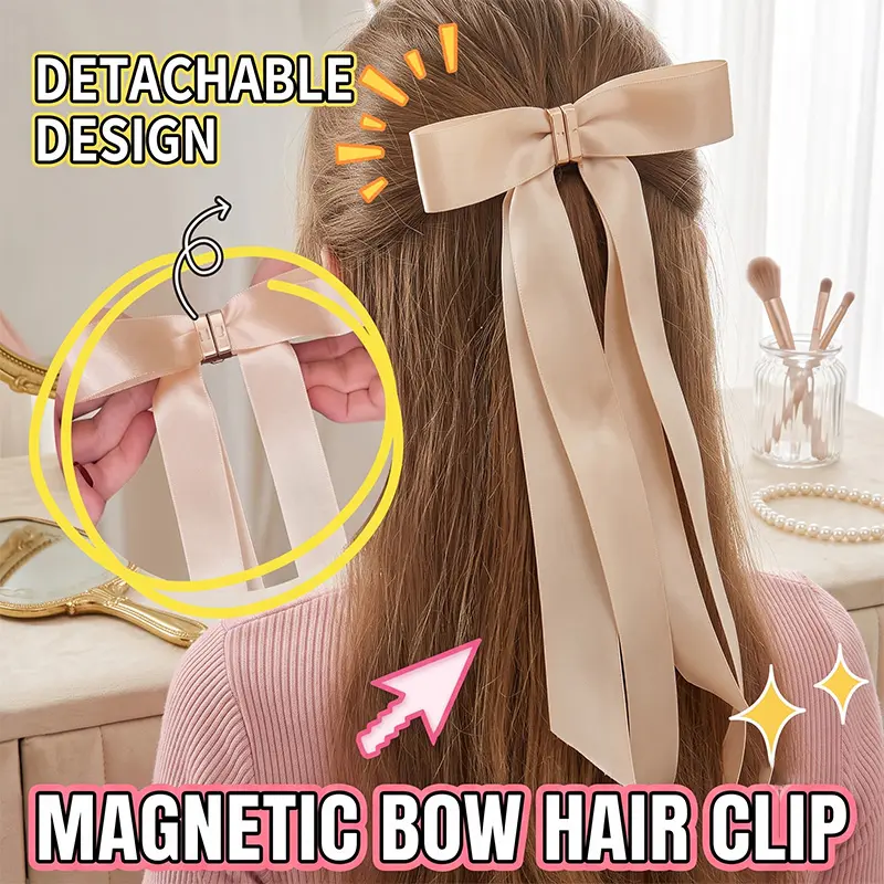 Magnetic Detachable Satin Ballet Bow Claw Clip Viral Coquette Hair Accessory No Slip Long Ribbon Barrette Back Of Head Styling Hairpin For Women Girls Daily Outfit, Fabric, Magnetic Hair Clip, Barrette Hair Clips, Bows Hair Clips