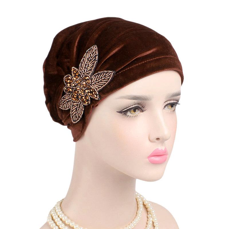 Velvet Pleated Turban Hat with Beaded Flower, Soft Hair Loss Bonnet for Women
