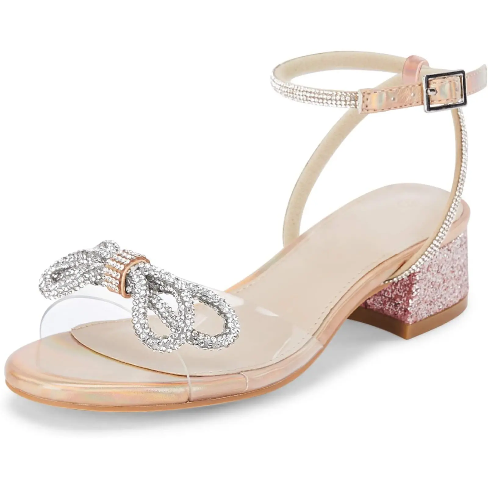 Coutgo Girls Rhinestone Bow Sandals, Low Chunky Wedge Heels, Open Toe Glitter Dress Shoes with Toddler Sizes for Little Big Kids, Sparkly Sandals, Childrens Sandals