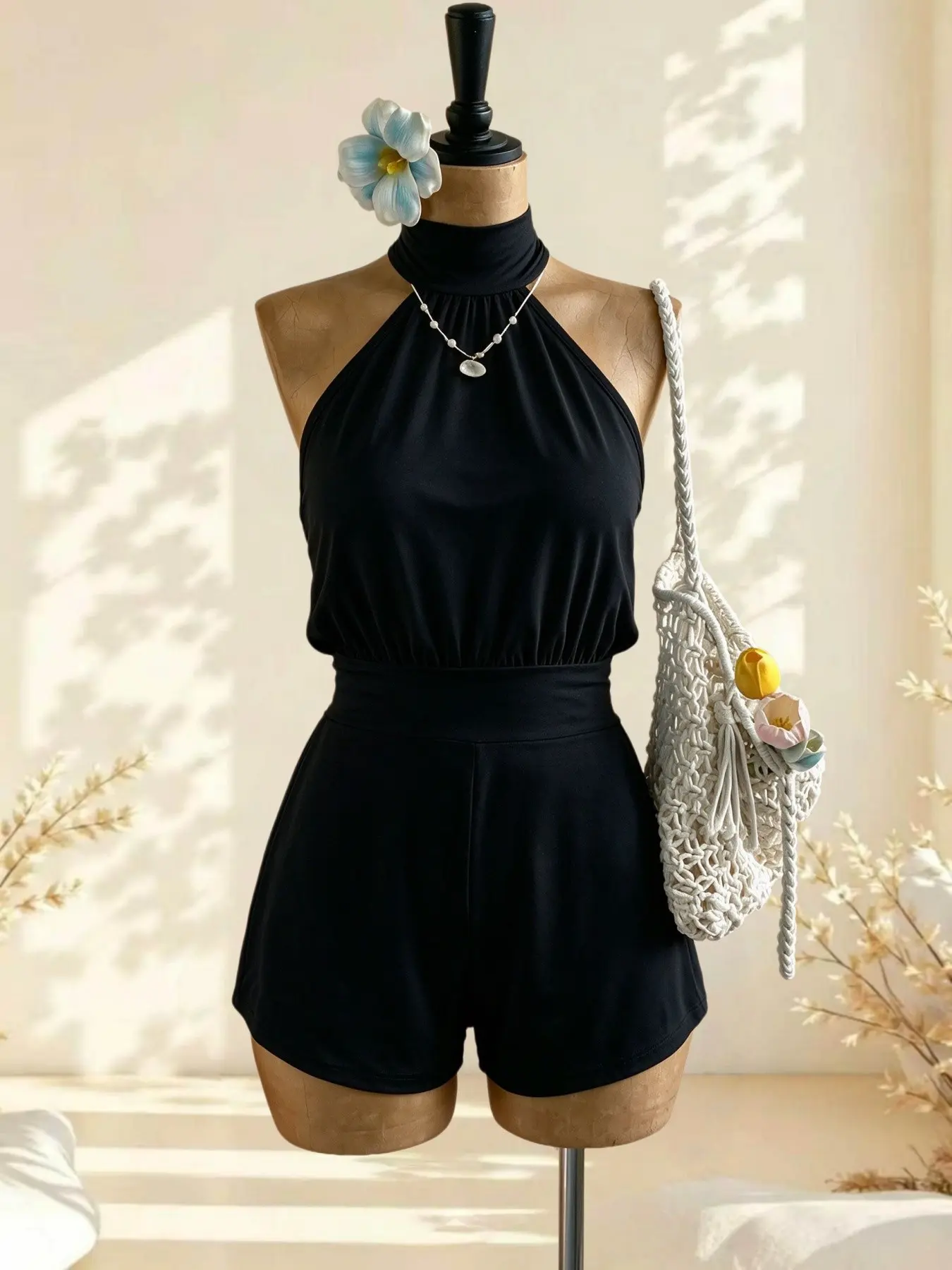 Pure Desire Style Halter Neck One-Piece Shorts Jumpsuit, High-Waisted Elastic Waist Casual Short Pants, Comfortable and Stylish Beach Summer Wear